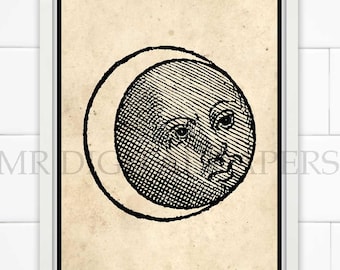 Antique Moon Print / Moon Art / Moon Engraving / Moon Wall Art / Digital Instant Download / Moon Decor / Moon Poster / Astronomy Art Print