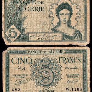 1940s Algeria Algerian Franc Currency Money Bill. 8 x 10. Antique Digital Paper. Scrapbooking Supplies. Instant Download. High Resolution