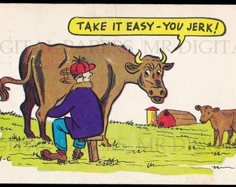 Antique Postcard / Humorous Card / Funny Postcard / Digital Instant Download / Paper Ephemera / Man Milking Cow / Vintage Postcard