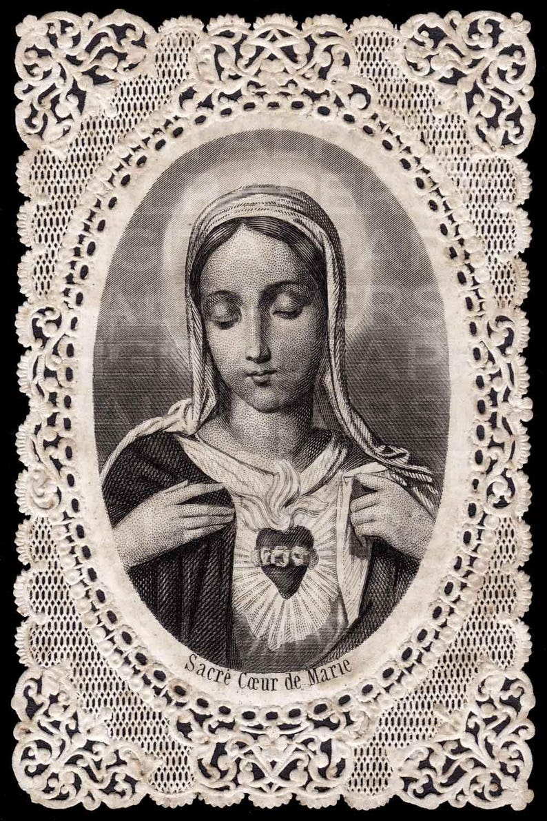 Lace Holy Prayer Card / Virgin Mary / Sacred Heart of Mary / Madonna ...