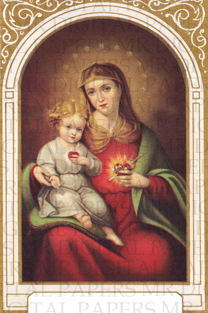 Holy Prayer Card / Sacred heart Mary / Sacred Heart Jesus / Digital Instant Download / Mary and Jesus / Mother and Child / Mary Prayer Card image 1