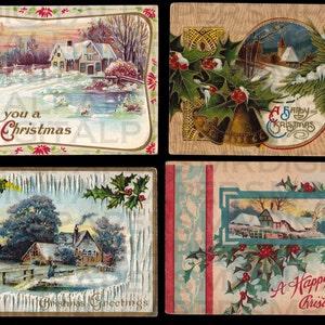 4 アンティーククリスマスポストカード4枚。クリスマスのホーム。雪。14 x 21。デジタルペーパーダウンロードスクラップブック用品インスタント高解像度