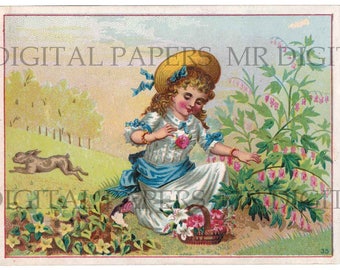 Antique Trade Card / Little Girl Bunny / Digital Instant Download / Paper Ephemera / Victorian Trade Card / Bunny Print / Girl with Hat