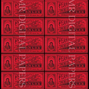 Pode incluir: Dez etiquetas retangulares vermelhas com texto preto que diz "Pearson's Red Top Snuff" e "Byfield Snuff Co. Byfield, Mass."