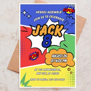 Comic Book Superhero Birthday Invitation | Editable Canva Template | Kids Party Invite | Instant Download | POW Party Printable