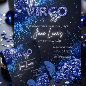 Invitation à une fête numérique pour la saison de la Vierge. Carte d'anniversaire pour Vierge Szn. Invitation modifiable en saphir et noir.