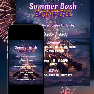 Könnte beinhalten: Digitale Einladung für ein Sommer-Lagerfeuer. Das Design zeigt den Text "Summer Bash BONFIRE" mit einer Lagerfeuergrafik. Details wie Ort, Zeit und RSVP-Informationen sind enthalten.