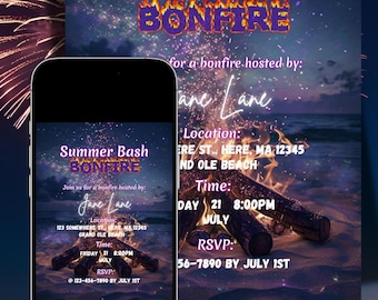 Editable Summer Bonfire Party Invitation: Beach Bash Digital Invite (PDF Template)