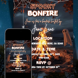 Könnte beinhalten: Eine Halloween-Einladung mit dem Text "Spooky Bonfire" in Orange und Weiß. Die Einladung enthält Details für ein Lagerfeuer, das von Jane Lane veranstaltet wird, mit Datum, Uhrzeit, Ort und RSVP-Informationen. Ein Smartphone zeigt dieselbe Einladung an.