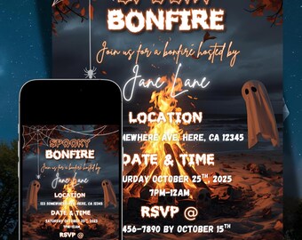 Spooky Bonfire Halloween Party Invite Template (Digital Download, Editable Canva Template)