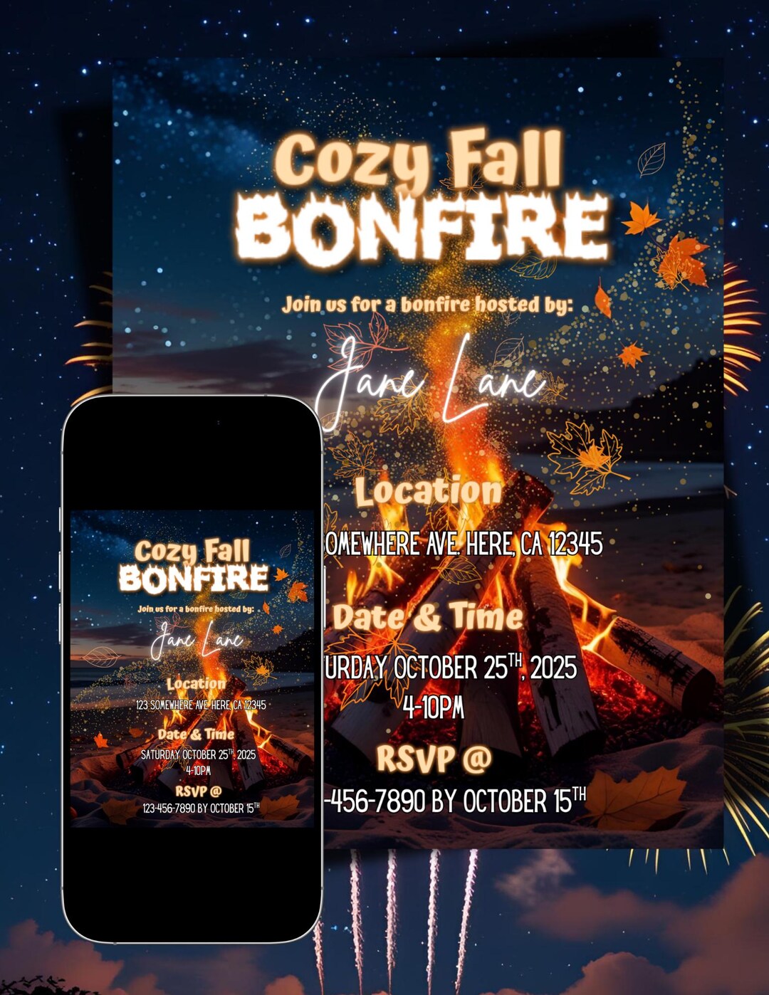 Fall R Invitations Bonfire Editable Fall Bonfire Party Invitation: Orange & Gold Template (digital ...