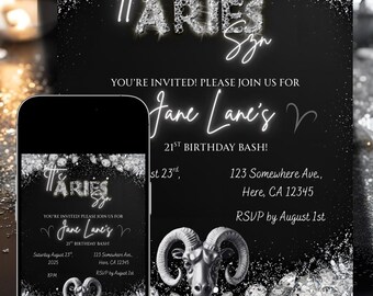 Invitación de cumpleaños de Aries: Diseño de diamante editable (Descarga digital, plantilla de Canva)