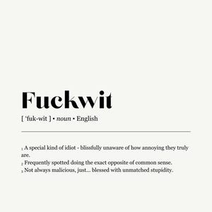 Op de afbeelding: Een minimalistische print op een cr&egrave;mekleurige achtergrond met het woord "Fuckwit" in vette zwarte letters. De definitie van het woord staat eronder. Het ontwerp is in het Engels.