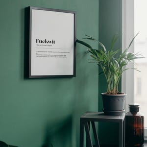 Op de afbeelding: Een zwart omkaderde print met het woord "Fuckwit" in vette letters en de definitie ervan aan een groene muur. Een potplant staat op een kleine tafel naast de print, met een bruine glazen fles in de buurt.