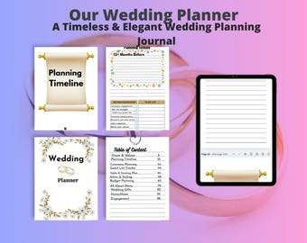 May include: A wedding planner journal with a pink and purple background. The journal includes pages for planning timelines, guest lists, and budgets. The cover features the text "Our Wedding Planner" and "A Timeless & Elegant Wedding Planning Journal."