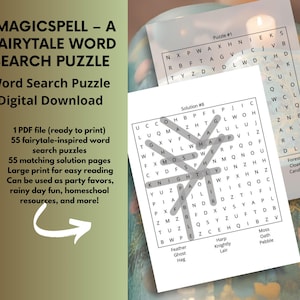 May include: A digital download of a fairytale word search puzzle titled "MAGICSPELL". The image shows two word search puzzles and a solution page. The text includes "1 PDF file", "55 fairytale-inspired word search puzzles", and "Digital Download".