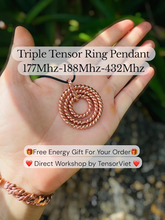 Triple Tensor Copper Ring Pendant: Sacred Geometry EMF Protection Necklace , 177Mhz - 188Mhz - 432Mhz, Tensor