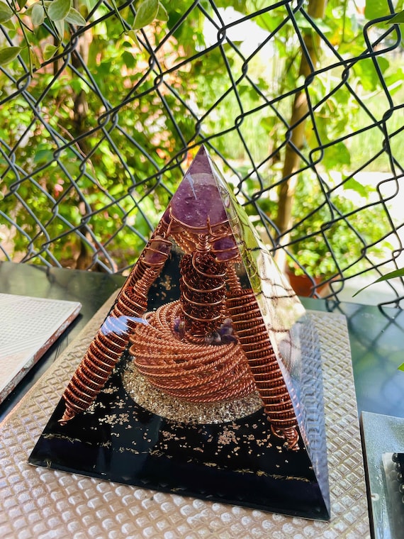 Orgonite Pyramid with Amethyst Core, 528Hz Copper Coil, 144MHz Tensor Ring – EMF Shielding & Chakra Alignment