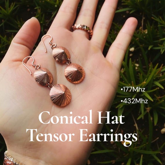 Vietnamese Conical Leaf Hat Earrings — Copper/Silver Tensor Energy Jewelry — 177Mhz, 432Mhz