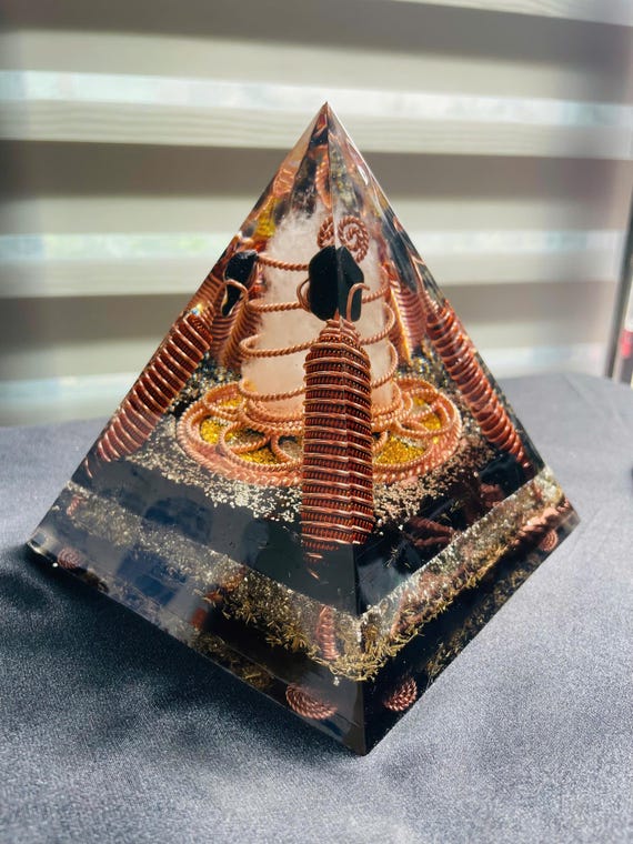 Orgonite Pyramid with Quartz Sphere, Rodin Coil 443MHz, 177MHz Tensor Ring, EMF Protection, Aura Healing