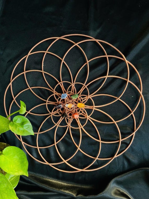 Sacred Flower of Life Tensor Ring • 7 Chakra Stones • Pure Copper Energy Grid