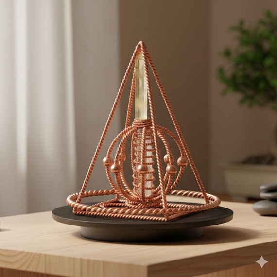 Citrine Crystal Copper Pyramid: Sacred Geometry Energy Balancing Tool, Harmoniser Pyramid with Beed,