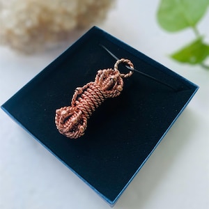 Puede incluir: Un collar con colgante de color cobre con un diseño tejido, presentado en una caja azul oscuro. El colgante está hecho de alambre retorcido y el collar tiene un cordón negro. El fondo incluye una piedra de color claro y hojas verdes.