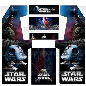 Op de afbeelding: Star Wars arcadekast graphics met Darth Vader, Yoda, Stormtroopers en de Death Star. Het ontwerp bevat het Star Wars-logo en verschillende scènes uit de films, met een overwegend blauw en zwart kleurenschema.