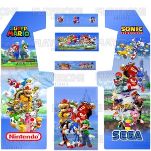Puede incluir: Paneles azules de máquinas recreativas con personajes de Super Mario y Sonic the Hedgehog. Los paneles muestran gráficos vibrantes de los personajes de videojuegos y logotipos, incluyendo "Nintendo" y "SEGA". El diseño está sobre un fondo azul claro.