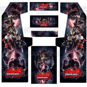 May include: A set of arcade cabinet vinyl decals featuring Tekken 8 character artwork and logos. The graphics include various fighters in dynamic poses against a dark, smoky background with red accents and the bold red Tekken 8 game title text.