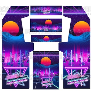 May include: Arcade machine panels with a retro 80s design. The artwork uses a vivid colour scheme of purple, pink, and orange, with a cityscape silhouette, a setting sun, and the text "Retro Arcade".