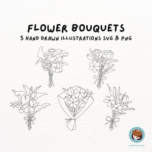 Pacchetto di clipart di bouquet di fiori disegnati a mano, fiori SVG per inviti, biglietti di nozze e biglietti di auguri, download digitale floreale per Canva