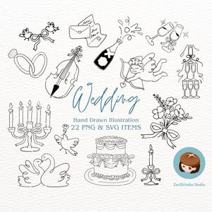 Handgezeichnete Hochzeit Clip Art Datei als png und svg für DIY Hochzeitseinladung Dekor, Canva Grafik personalisiertes Hochzeitskunst Set zum Drucken