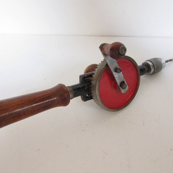 Vintage Mid Century Industrial Hand Drill Wood Handles Red Spoke Egg Beater 1960's Gift For Him J6