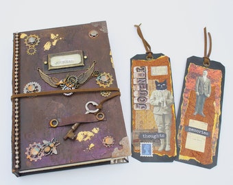 OOAK Unique Vintage Inspired Steampunk Journal Diary With Skeleton Key Leather Trim Two Bookmarks