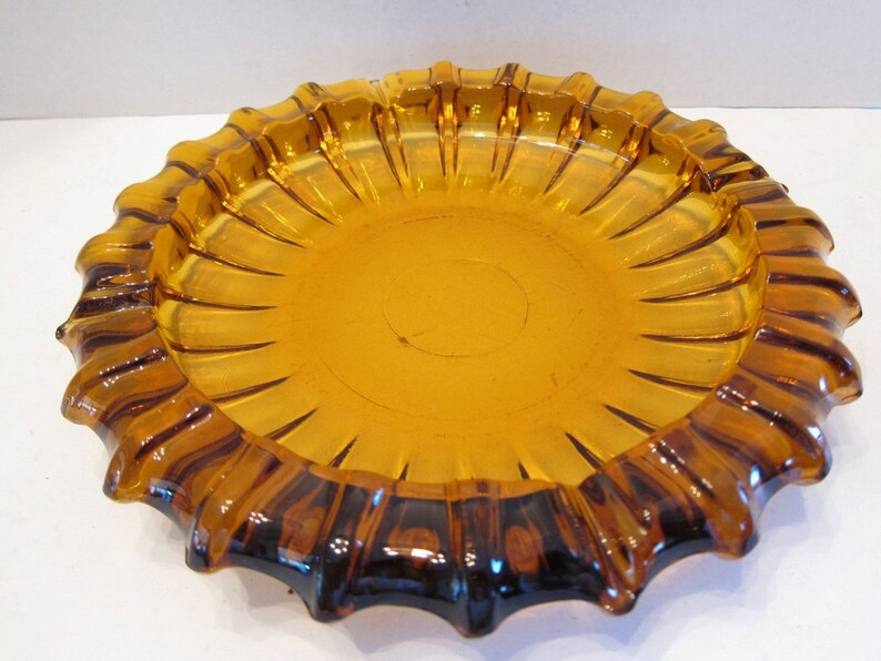 Vintage Blenko Amber Glass Ashtray Large Fluted Heavy Glass Etsy
