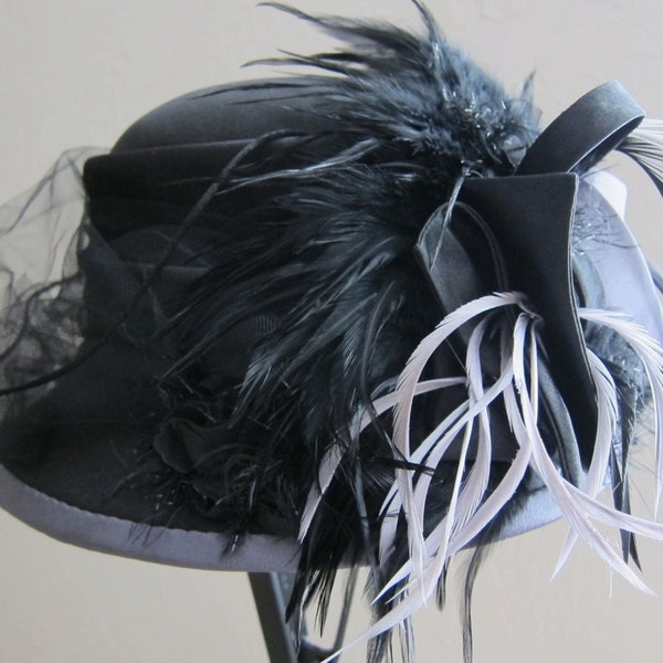 Vintage Black Goth Halloween Hat Feathers Tulle