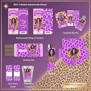 May include: A collection of purple and gold Backwoods-themed party supplies, including wraps, a Hershey bar wrapper, a lighter, and a shot glass template. The designs feature a woman's image and the text "Cooking and Smoking good".