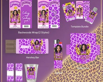 Purple • Gold Leopard Party Favor Bundle • Backwoods Wraps • Lighter • Shot Glass Templates • Candy Purse