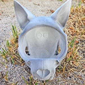 May include: A gray concrete sculpture of a dog skull with large ears and a heart-shaped nose. The sculpture is sitting on a bed of small pebbles and dry grass.