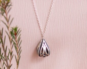 Long Art Deco Necklace - Solid Sterling Silver Drop, Abstract, Geometric Design, 3D Teardrop, Pear Shape Pendant, Hypoallergenic