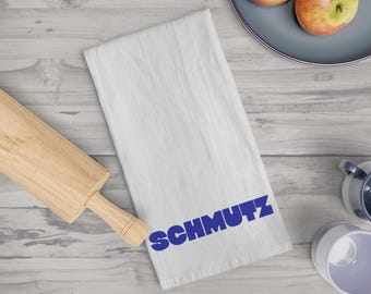 Schmutz Tea Towel | Hanukkah Dish Towel | Yiddish Hanukkah Gift | Jewish Home Decor | Modern Jewish Gift | Trendy Tea Towel