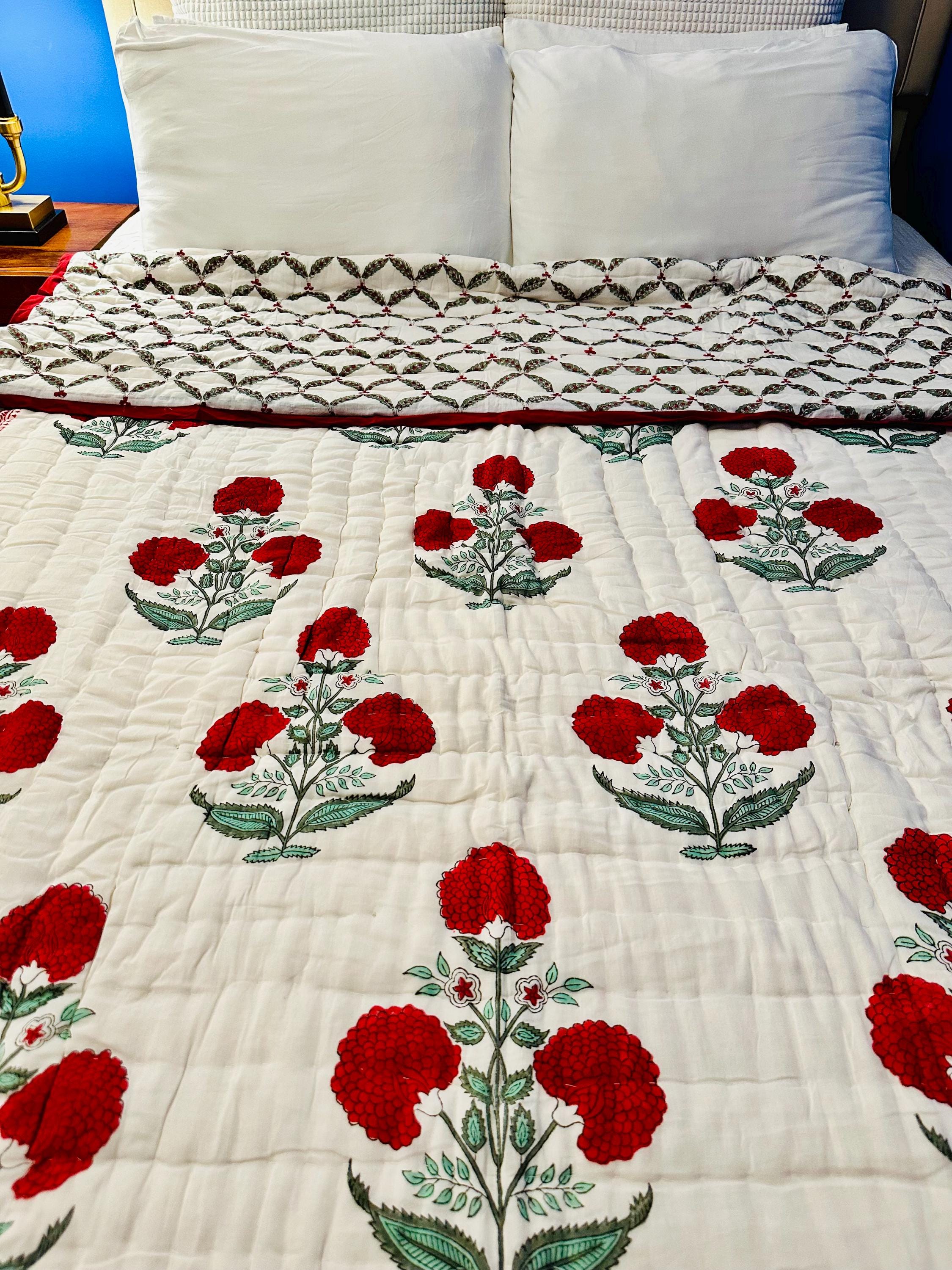 Hand Block Printed Cotton Quilt: Reversible Floral Kantha Bedspread | Red Dahlia
