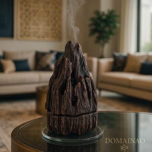 Può includere: Un diffusore per aromaterapia marrone scuro e strutturato a forma di montagna, che emette un filo di vapore. Il diffusore è posizionato su un sottobicchiere di vetro trasparente sopra un tavolo rotondo dorato. La parola "DOMAINAO" è visibile.
