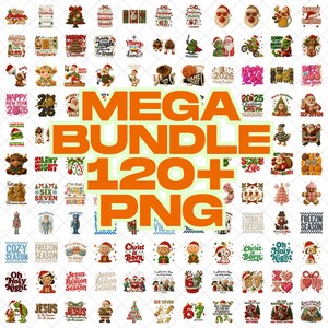 Könnte beinhalten: Eine Sammlung von über 120 PNG-Bildern mit Weihnachts- und Feiertagsmotiven. Die Bilder zeigen den Weihnachtsmann, Weihnachtsbäume und verschiedene festliche Phrasen. Die Wörter "MEGA BUNDLE" und "120+ PNG" sind prominent dargestellt.