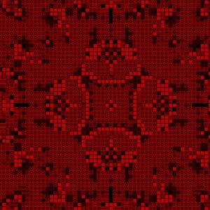 May include: A digitally created pattern featuring a repeating design in shades of red and black. The pattern is composed of small squares and circles, creating a textured, mosaic-like appearance. The overall effect is a symmetrical, abstract design.