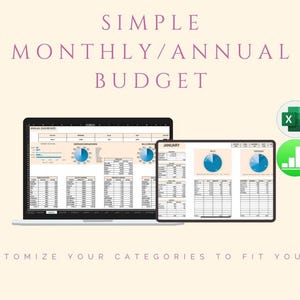 Peut inclure: Un ordinateur portable et une tablette affichant une feuille de calcul de budget mensuel/annuel avec des graphiques et des tableaux. Le texte "SIMPLE MONTHLY/ANNUAL BUDGET" est en haut, avec "CUSTOMIZE YOUR CATEGORIES TO FIT YOUR LIFE" en bas. Des icônes Excel et de graphiques sont également présentes.