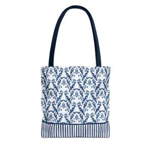 Katholische Jungfrau Maria-Einkaufstasche, elegante blaue und weiße Blumeneinkaufstasche, stilvolles und vielseitiges Zubehör für jeden Anlass, religiöse Tasche,