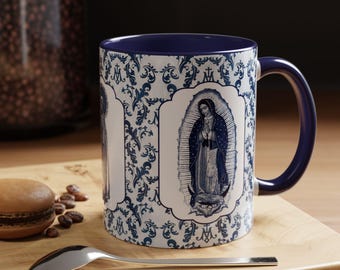 Vintage Blue Virgin Mary Ceramic Mug | Marian Our Lady Floral Coffee Cup