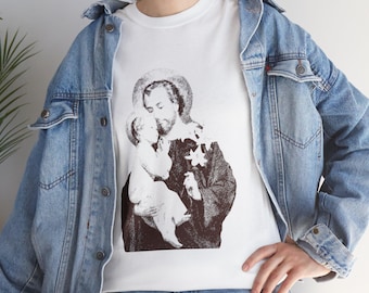 Klasyczny t-shirt unisex z wizerunkiem świętego Józefa z Dzieciątkiem Jezus - koszulka religijna dla wiernych chrześcijan - odzież religijna, prezenty katolickie.